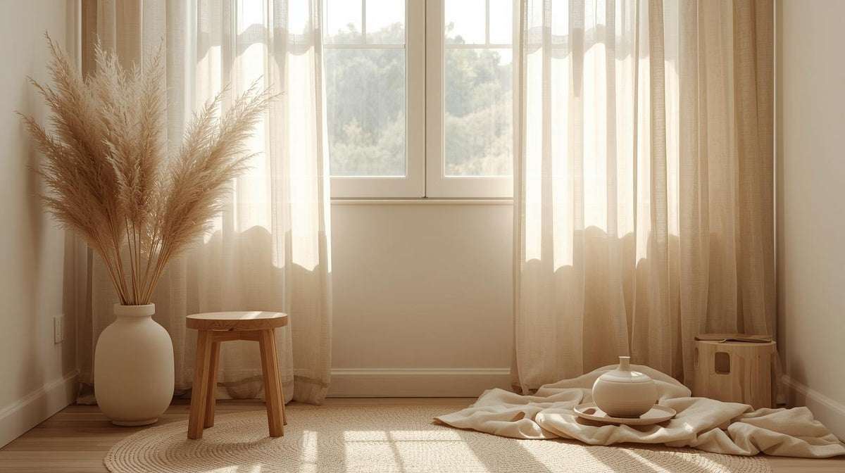 Abstract illustration of layered desert hills in olive, terracotta, and gold tones under a soft sun, symbolizing calm, renewal, and holistic healing by Leenah.