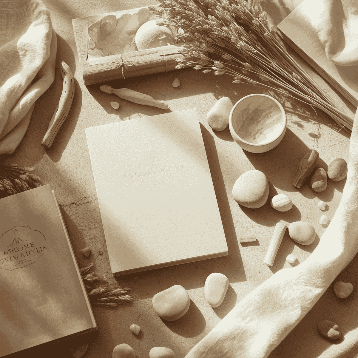 Abstract sunrise over layered hills in terracotta, olive, and gold tones with palm leaves in the foreground, symbolizing renewal, calm, and holistic awakening by Leenah.